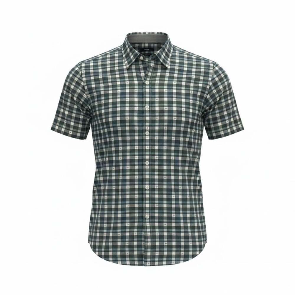BOSS Hugo Boss Sharp Fit Short Sleeve Plaid Button-Up Shirt Mens Size XL